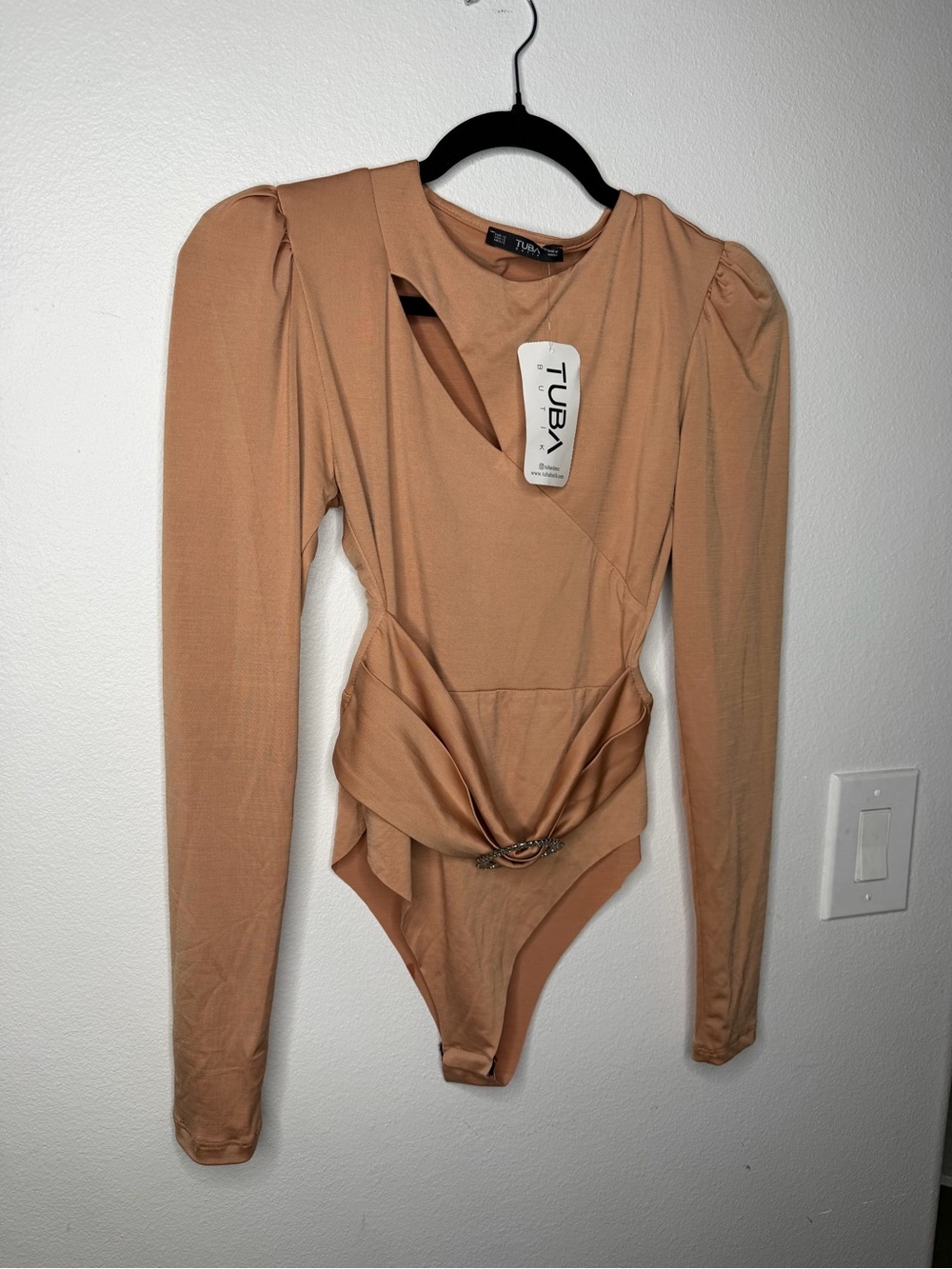 Women's Long Sleeve Tan Draped Bodysuit